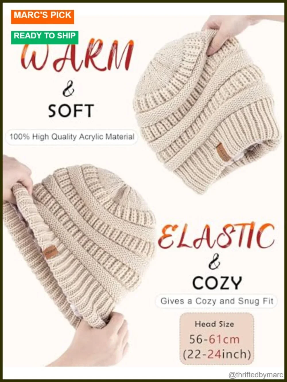 3 Pack Satin Lined Winter Beanie Hats Silk Lined Cable Knit Slouchy Beanie